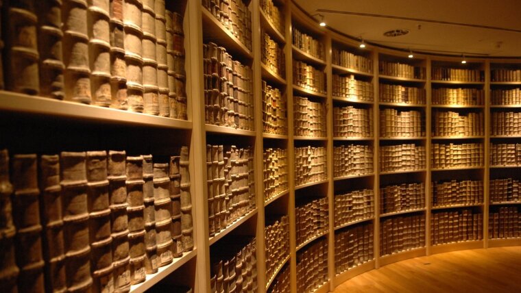 Photographic image of a bookshelf in a library